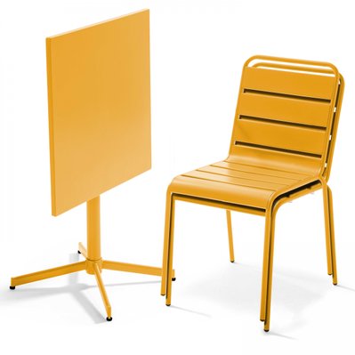 Palavas - Table de jardin carrée inclinable et 2 chaises métal jaune - 106884 - 3663095044808