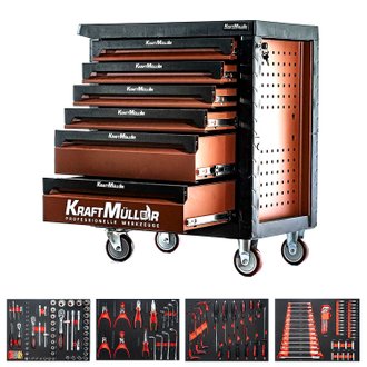Kraft Muller KM-6/4 Servante d'atelier 148 outils inclus - 6 tiroirs - Type chariot avec roulette - Orange