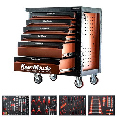 Kraft Muller KM-6/4 Servante d'atelier 148 outils inclus - 6 tiroirs - Type chariot avec roulette - Orange - JM-AG-KM-6-4-345TOOLS-ORANGE - 3701123998225