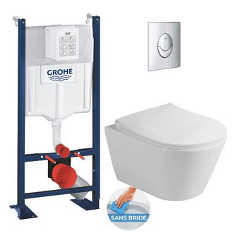 Grohe Pack WC Bâti-support autoportant + WC sans bride SAPHO Avva + Abattant softclose + Plaque Chrome (ProjectAvva-2)