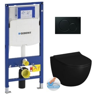 Geberit Pack WC Bâti-support + Cuvette Vitra SENTO noire sans bride fixations invisibles + Abattant + Plaque noire