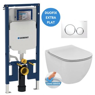Geberit Pack WC Bâti-support extra-plat UP720 + WC Ideal Standard Tesi Aquablade + Abattant softclose + Plaque Blanc/Chrome