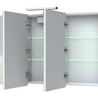 Armoire de salle de bain 120 cm avec éclairage LED et bloc prise JUNO 3 portes miroir triptyque blanc brillant