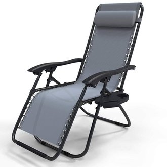 Chaise longue inclinable en textilene avec porte gobelet et portable gris