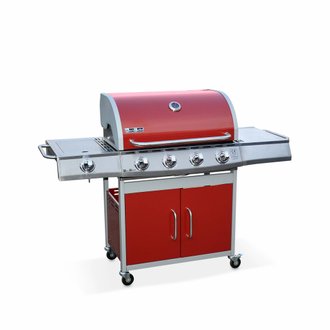 Barbecue gaz inox 17kW - Richelieu Rouge - Barbecue 4 brûleurs + 1 feu latéral. côté grill et côté plancha