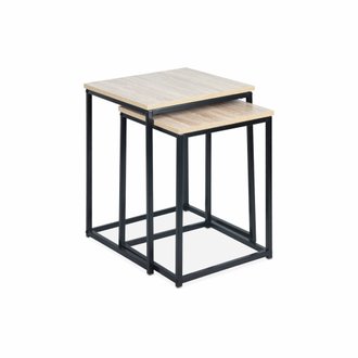 Tables basses en métal et décor bois encastrables - Loft -  tables gigognes. 40x40x50cm et 35x35x45cm