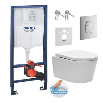 Grohe Pack WC bâti support Solido 113cm + Cuvette SAT rimless fixations invisibles + Abattant softclose + Plaque chrome
