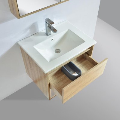 Meuble salle de bain design 60 cm FRAME finition mélaminé chêne avec vasque céramique    Bloc-miroir inclus - FRA-600-BC-LO.W/FRA-600-MIR-LO.W - 3760282665959