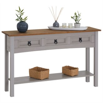 Table console RAMON avec 3 tiroirs, style mexicain en pin massif gris et brun