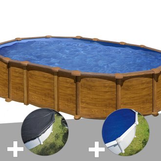 Kit piscine acier aspect bois Gré Amazonia ovale 6,34 x 3,99 x 1,32 m + Bâche d'hivernage + Bâche à bulles
