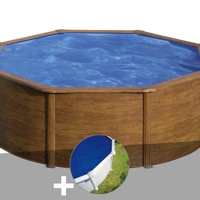Kit piscine acier aspect bois Gré Pacific ronde 3,70 x 1,22 m + Bâche à bulles - 29726 - 3665872011362