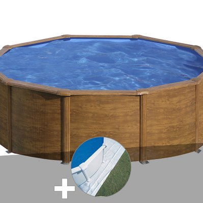 Kit piscine acier aspect bois Gré Pacific ronde 4,80 x 1,22 m + Tapis de sol - 29743 - 3665872011256