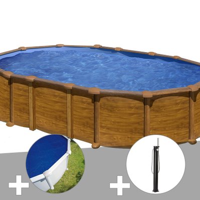 Kit piscine acier aspect bois Gré Amazonia ovale 6,34 x 3,99 x 1,32 m + Bâche à bulles + Douche - 30684 - 3665872004418