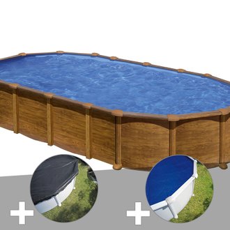 Kit piscine acier aspect bois Gré Amazonia ovale 7,44 x 3,99 x 1,32 m + Bâche d'hivernage + Bâche à bulles