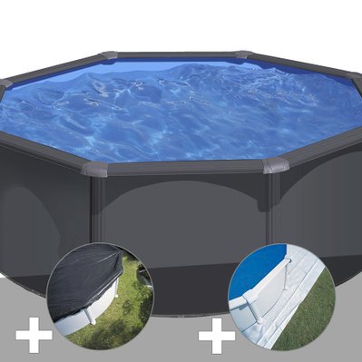 Kit piscine acier gris anthracite Gré Louko ronde 3,20 x 1,22 m + Bâche d'hivernage + Tapis de sol - 29924 - 3665872010075