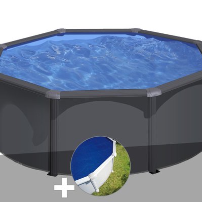 Kit piscine acier gris anthracite Gré Louko ronde 3,20 x 1,22 m + Bâche à bulles - 29926 - 3665872010068