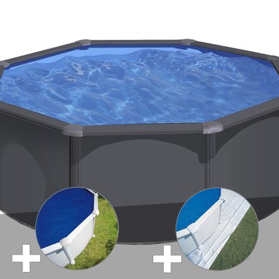 Kit piscine acier gris anthracite Gré Louko ronde 3,20 x 1,22 m + Bâche à bulles + Tapis de sol - 29927 - 3665872009031
