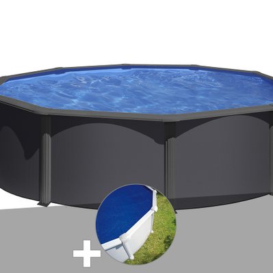 Kit piscine acier gris anthracite Gré Louko ronde 3,70 x 1,22 m + Bâche à bulles - 29940 - 3665872009840