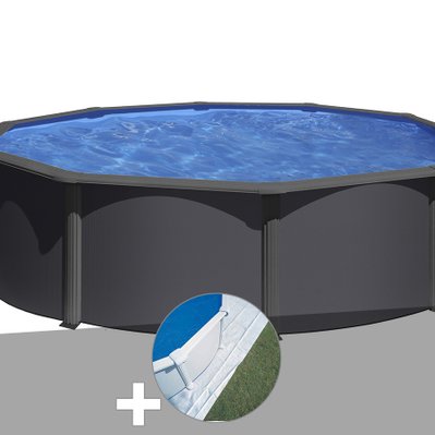Kit piscine acier gris anthracite Gré Louko ronde 3,70 x 1,22 m + Tapis de sol - 29943 - 3665872009512