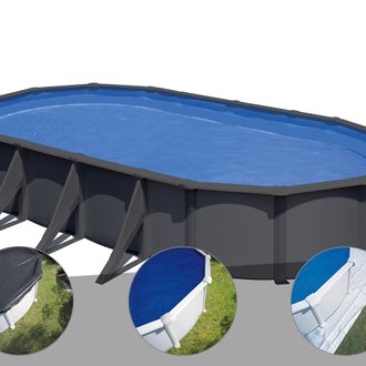 Kit piscine acier gris anthracite Gré Louko ovale 7,44 x 3,99 x 1,22 m + Bâche d'hivernage + Bâche à bulles + Tapis de sol