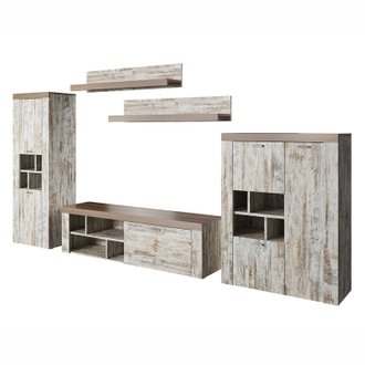 Composition de 5 meubles design pour salon effet pin blanc et chêne collection KEA.
