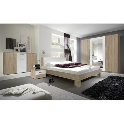 Chambre complète Irina couleur chêne et blanc : Lit 160x200 cm + armoire + commode + chevets. - 5305 - 3664573030825