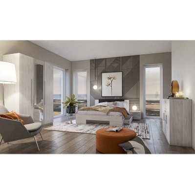 Chambre complète Irina imitation bois gris clair et gris foncé : Lit 160x200 cm + armoire + commode + chevets. - 5307 - 3664573030849