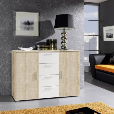 Chambre complète Irina couleur chêne et blanc : Lit 180x200 cm + armoire + commode + chevets. - 5311 - 3664573030887