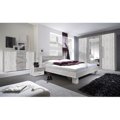 Chambre complète Irina imitation bois gris clair et gris foncé : Lit 180x200 cm + armoire + commode + chevets. - 5313 - 3664573030900