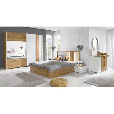 Chambre à coucher complète WOOD chêne et blanc. Lit coffre + armoire + commode + 2 chevets - 592 - 3664573005342