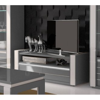 Meuble tv LINA gris et blanc brillant + LED. Composé de deux tiroirs et deux niches. Design et moderne