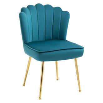 Chaise design coquillage pieds acier dorés effilés velours bleu canard