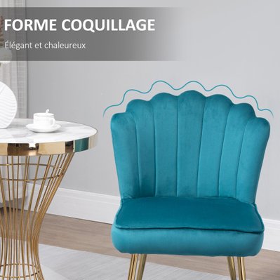 Chaise design coquillage pieds acier dorés effilés velours bleu canard - 839-169GN - 3662970094457