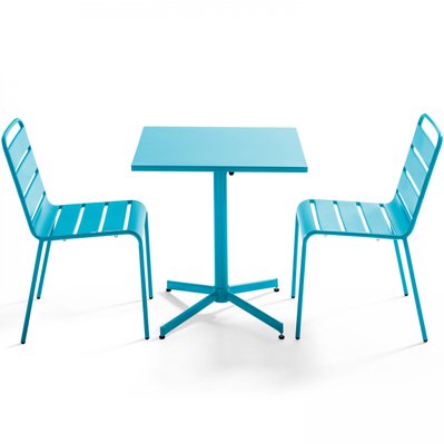Palavas - Table de jardin carrée inclinable et 2 chaises métal bleu - 106881 - 3663095044778