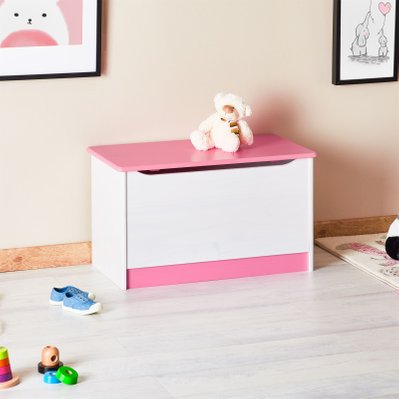 Coffre à jouets HANNAH, en pin massif lasuré blanc et rose - 42025 - 4016787420258