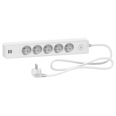 Rallonge multiprise on/off SCHNEIDER - 5 prises - 2P+T - 2 USB - 1,5 m - blanc   - 3606489493790 - 3606489493790