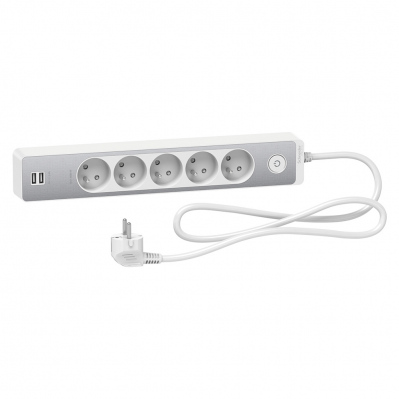 Rallonge multiprise on/off SCHNEIDER - 5 prises - 2P+T - 2 USB - 1,5 m - blanc - finition alu brossé   - 3606489493868 - 3606489493868