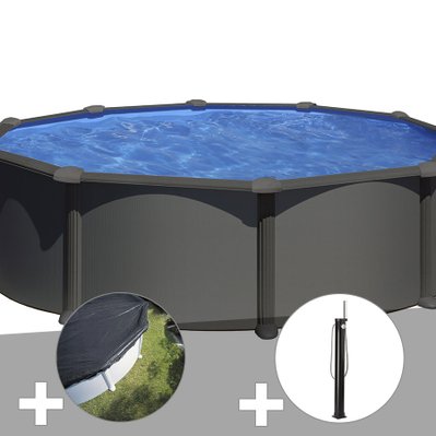 Kit piscine acier gris anthracite Gré Juni ronde 3,70 x 1,32 m + Bâche d'hivernage + Douche - 30710 - 3665872005491