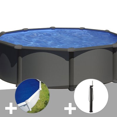 Kit piscine acier gris anthracite Gré Juni ronde 3,70 x 1,32 m + Bâche à bulles + Douche - 30711 - 3665872006177