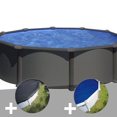 Kit piscine acier gris anthracite Gré Juni ronde 3,70 x 1,32 m + Bâche d'hivernage + Bâche à bulles - 29824 - 3665872011393