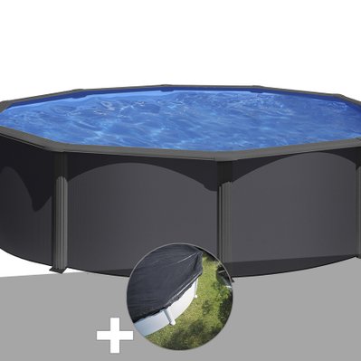 Kit piscine acier gris anthracite Gré Louko ronde 3,70 x 1,22 m + Bâche d'hivernage - 29936 - 3665872009826