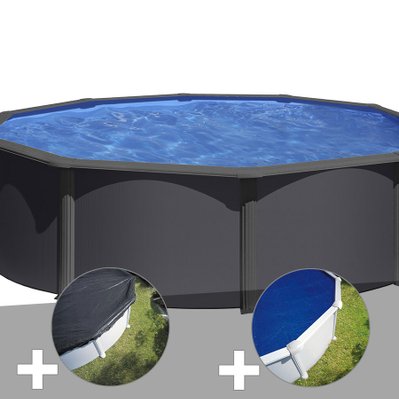Kit piscine acier gris anthracite Gré Louko ronde 3,70 x 1,22 m + Bâche d'hivernage + Bâche à bulles - 29937 - 3665872009604