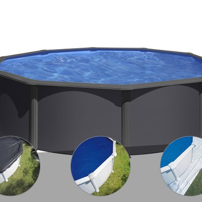 Kit piscine acier gris anthracite Gré Louko ronde 3,70 x 1,22 m + Bâche d'hivernage + Bâche à bulles + Tapis de sol - 29946 - 3665872009925