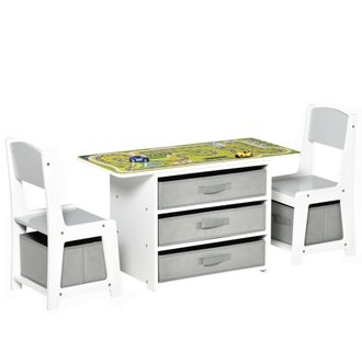 Ensemble table étagère et chaises enfant 5 tiroirs non tissés plateau double face blanc gris