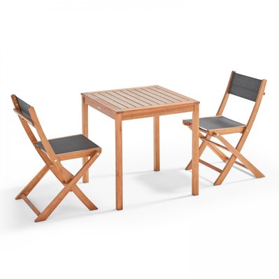 Ensemble table et 2 chaises pliantes en textilène et eucalyptus noir 70 x 70 x 76 cm - 106569 - 3663095042279