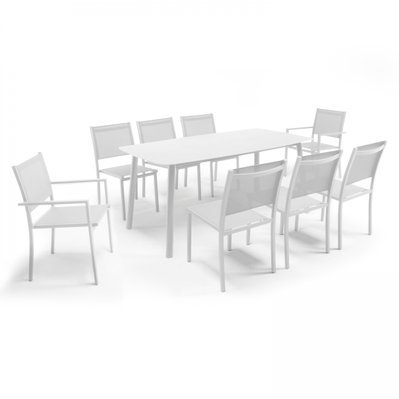 Table de jardin aluminium et pierre, 6 chaises et 2 fauteuils blanc 180 x 90 x 76 cm - 106581 - 3663095042392
