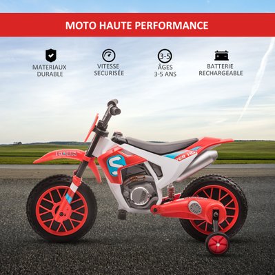Moto cross électrique enfant avec roulettes amovibles - 370-165V90RD - 3662970092002