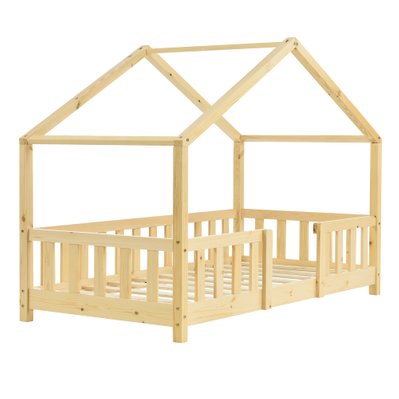 Lit cabane pour enfant forme de maison avec barrière de sécurité en bois de pin couleur naturel 70 x 140 cm 03_0005462 - 03_0005462 - 3000649699785