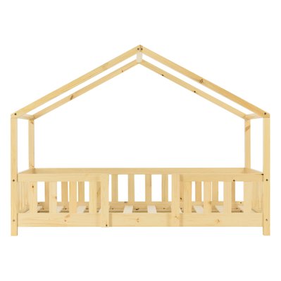 Lit cabane pour enfant forme de maison avec barrière de sécurité en bois de pin couleur naturel 70 x 140 cm 03_0005462 - 03_0005462 - 3000649699785