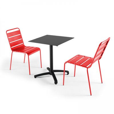 Ensemble table de jardin statifié noir et 2 chaises rouge 60 x 60 x 72 cm - 108168 - 3663095116413
